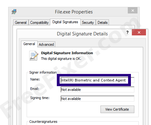 Screenshot of the Intel(R) Biometric and Context Agent certificate